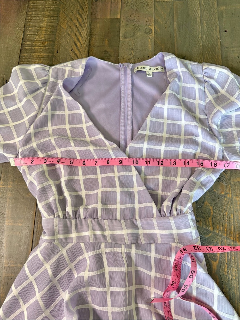 Allison & Kelly Plaid Romper Tiered Skort Puff Sleeve Lilac Large L⁠ -FLAW - Picture 8 of 10